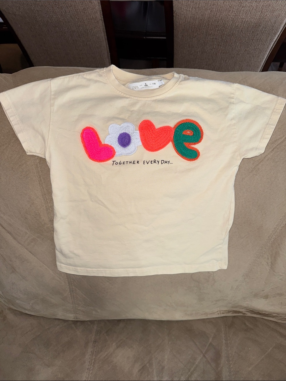 Zara Cream Short Sleeve Tee with Colorful "LOVE" Appliqué